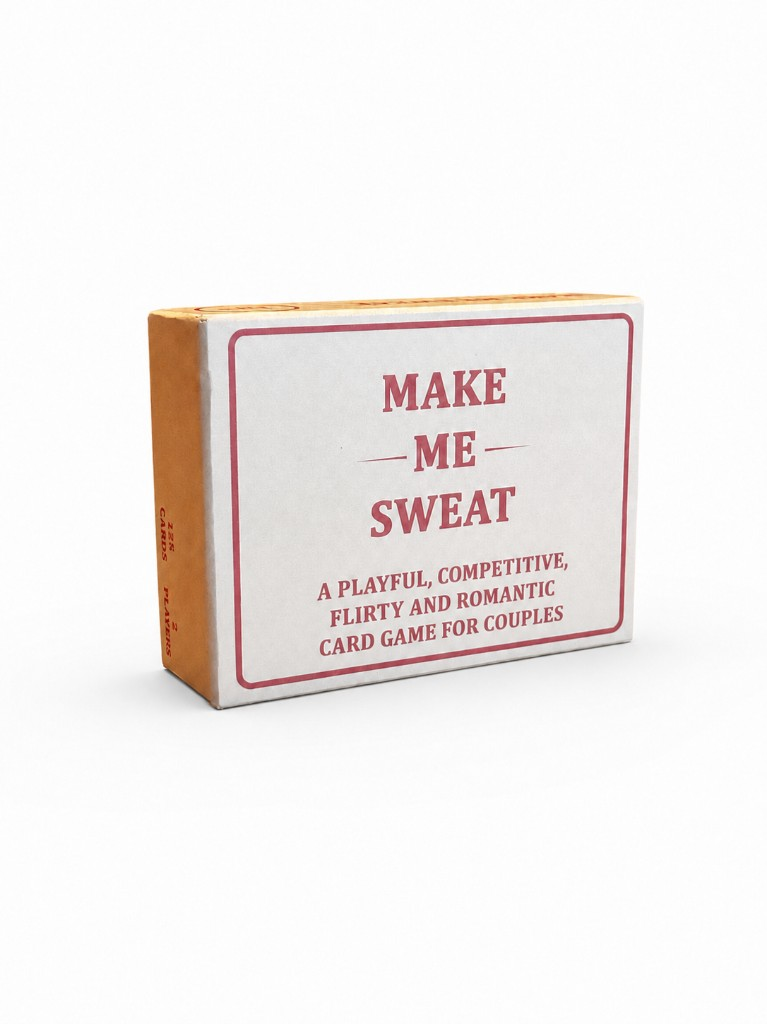 Make Me Sweat, a playful competitive card game for couples, 125 cards for 2 players, in a tan and white box with red lettering