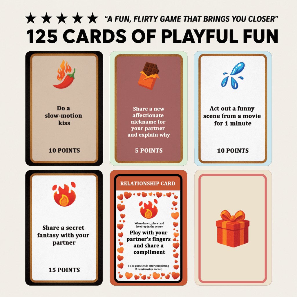 125 cards of playful fun. Sample challenge cards from Make Me Sweat including dares, points, and the relationship card